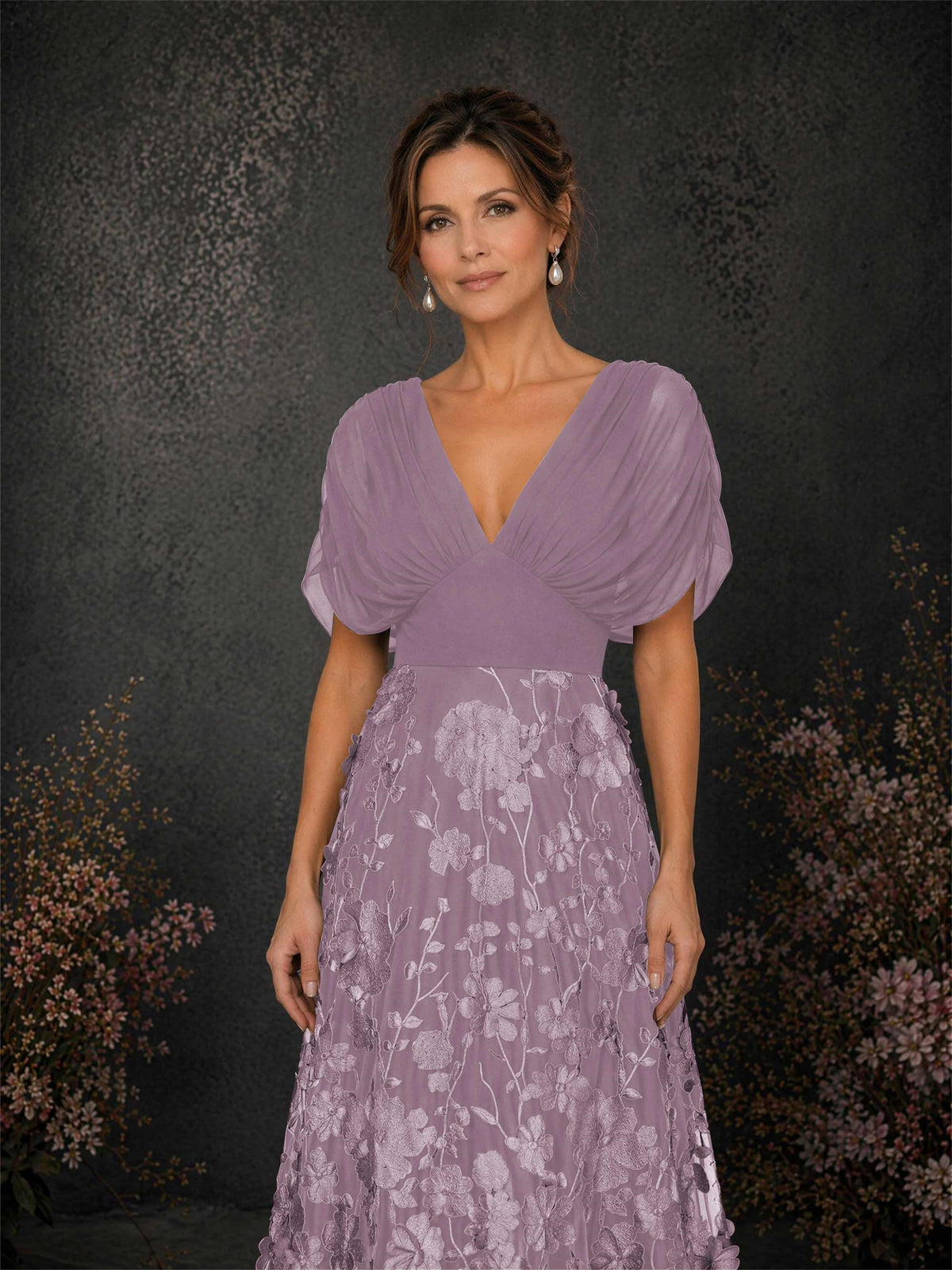 BOLODOO Wisteria & Wisteria Chiffon V-Neck Flutter Sleeve Floral Embroidered A-Line Gown BD0414 - Wisteria
