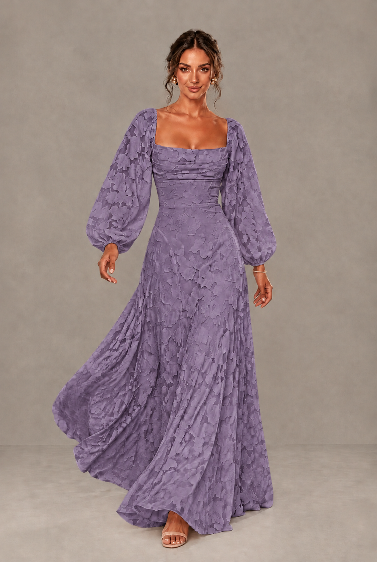 BOLODOO Floral Wisteria Long Sleeve A-Line Dress with Lace-Up Back - Wisteria