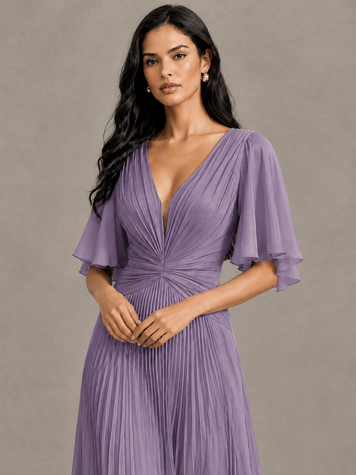 BOLODOO Wisteria Pleated V-Neck Flutter Sleeve Bridesmaid Dress - Wisteria - Wisteria (4)