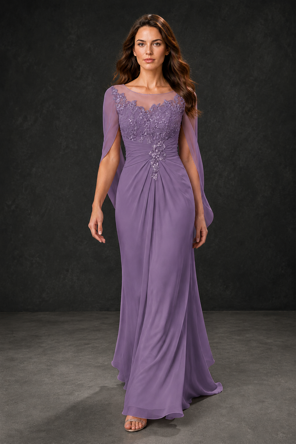 BOLODOO Wisteria Illusion Lace One-Side Cape Sleeve Beaded Chiffon Floor Length Gown | Mother of the Bride Evening Dress - Wisteria