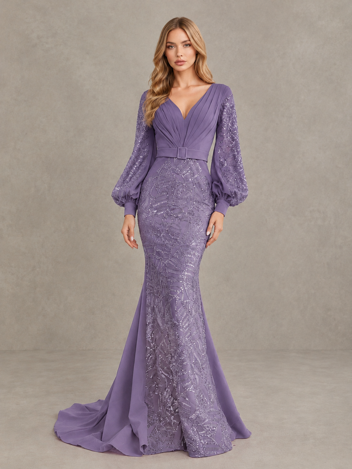 BOLODOO Wisteria Sequin Long Bishop Sleeve Mermaid Evening Dress - Wisteria - Wisteria (4)