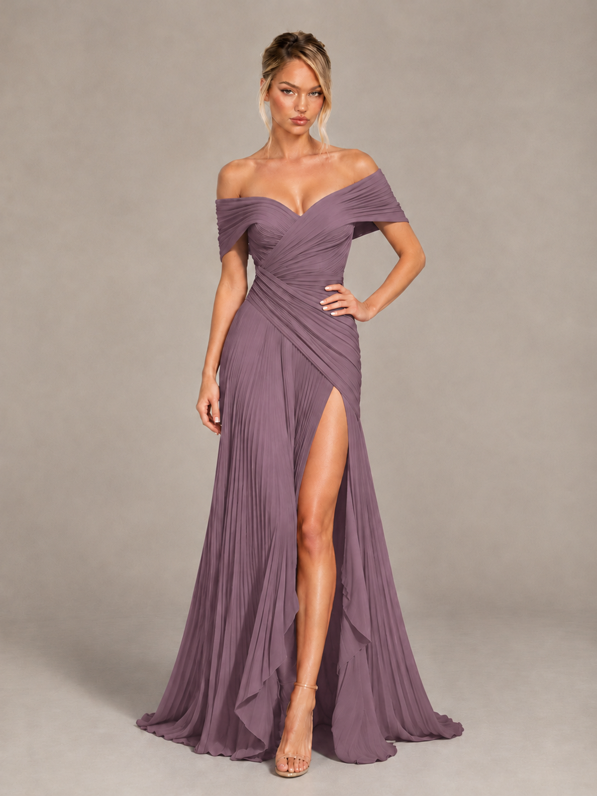 BOLODOO Wisteria Off-Shoulder Ruched Pleated Maxi Dress with High Slit - Wisteria - Wisteria (4)