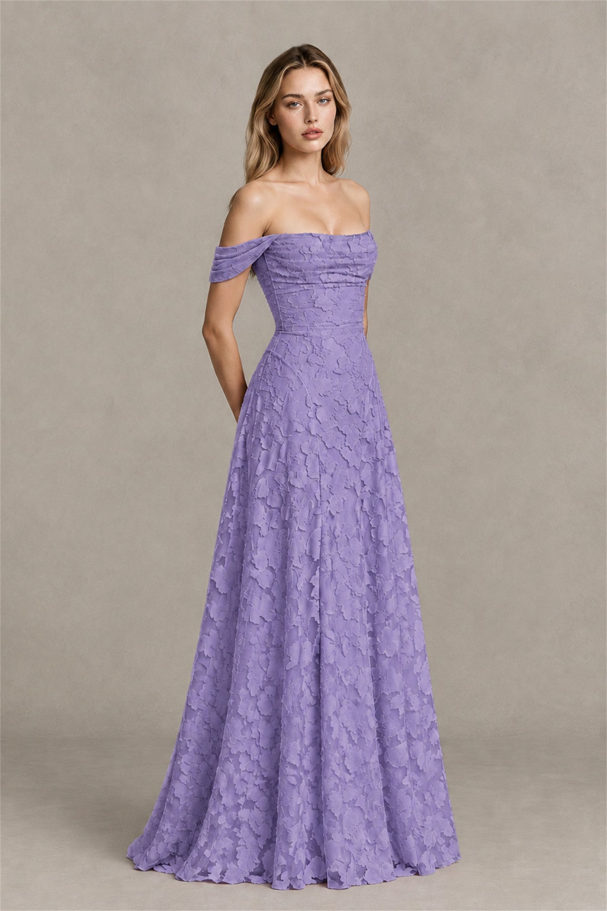 BOLODOO Wisteria Off-Shoulder Pleated A-Line Maxi Dress Floral - Wisteria