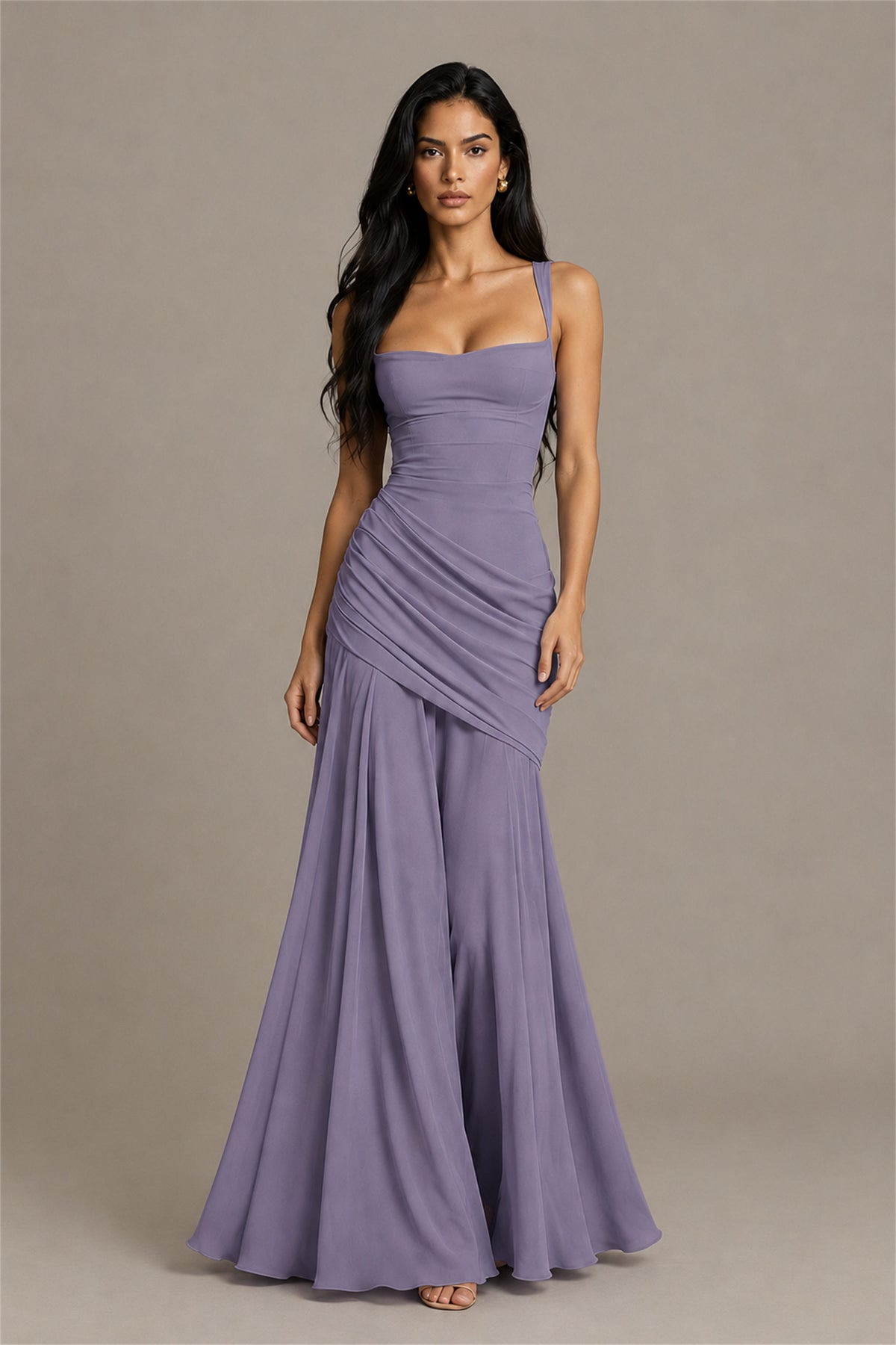 BOLODOO Square Neck Ruched A-Line Maxi Dress - Wisteria Backless Evening Gown - Wisteria