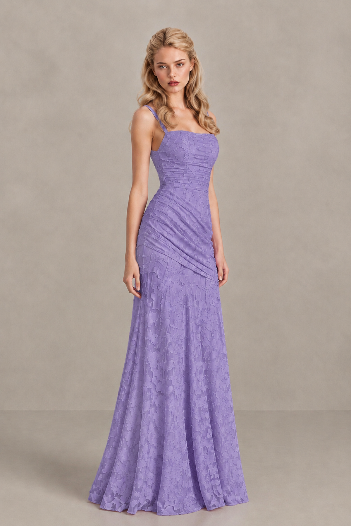 BOLODOO Wisteria Ruched Floral Maxi Dress with Lace-Up Back - Wisteria