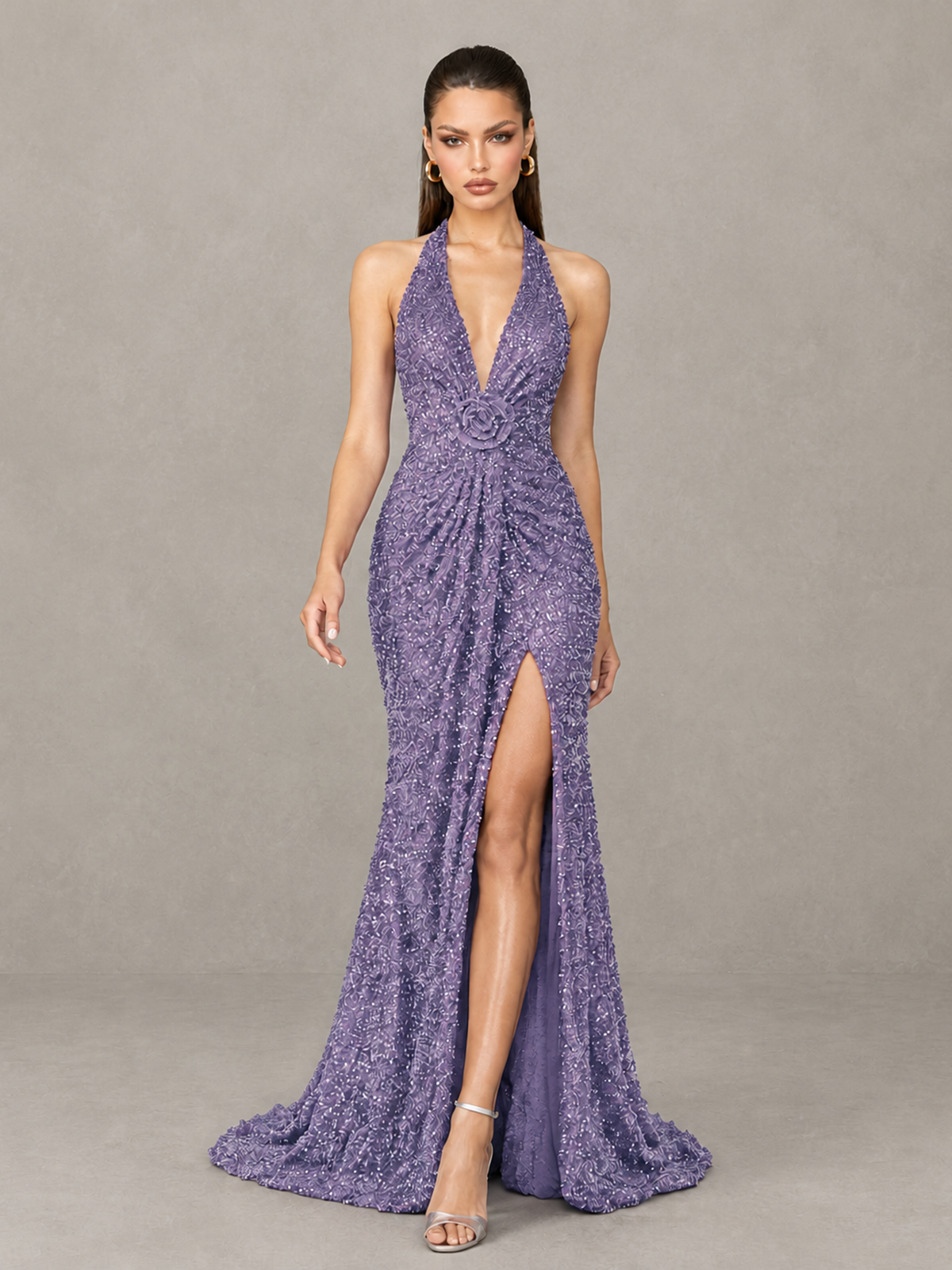 BOLODOO Wisteria Sequin Halter Open Back Evening Gown with High Slit - Wisteria - Wisteria (4)