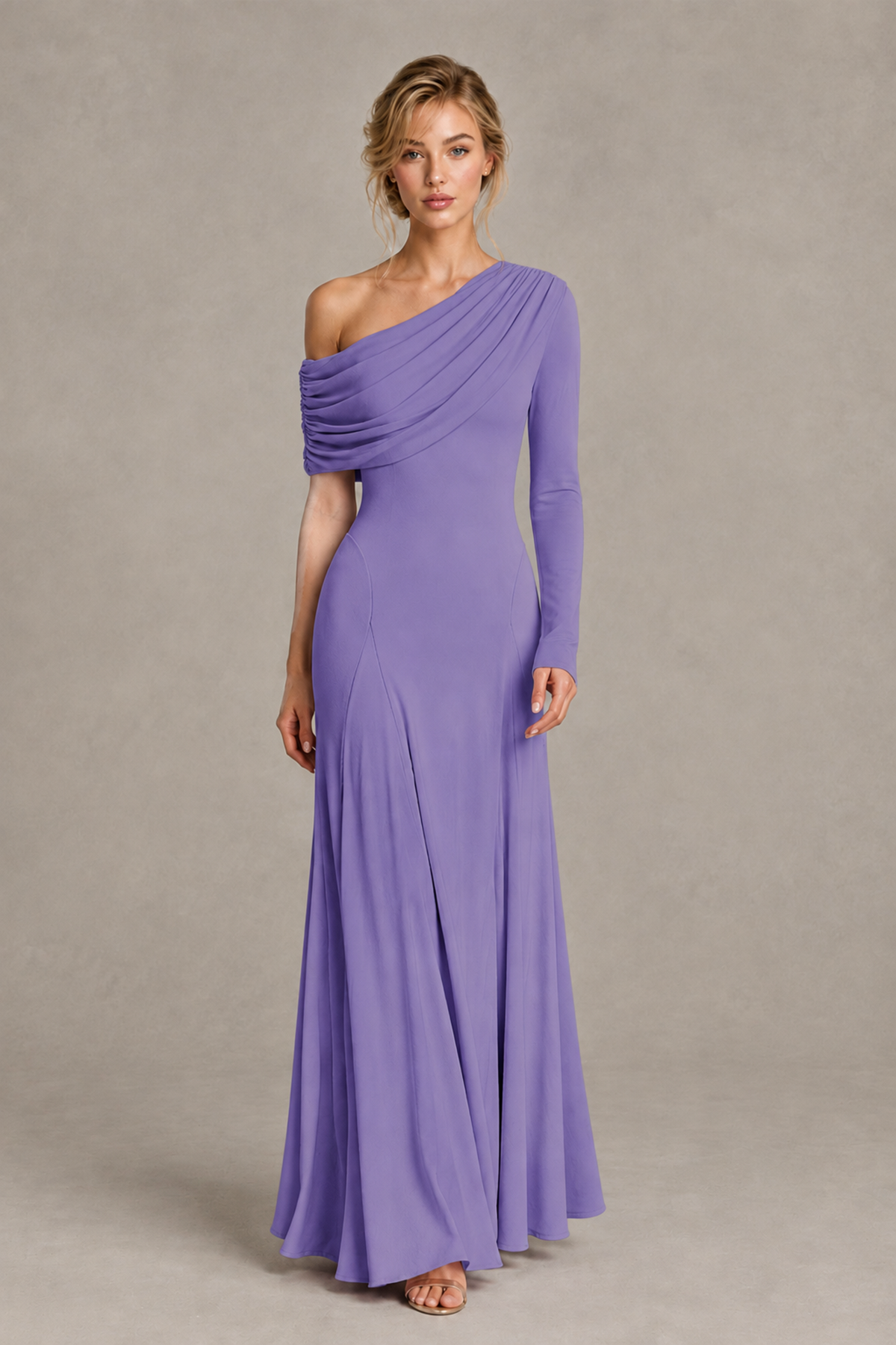 BOLODOO Wisteria Asymmetric Draped Long Sleeve Evening Gown - Wisteria