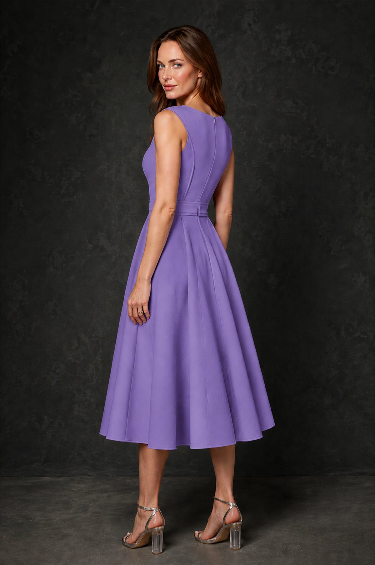 BOLODOO Wisteria 3D Rosette Appliqué 3/4 Sleeve Jacket & V-Notch Sleeveless A-Line Tea-Length Two-Piece Dress Set - Wisteria