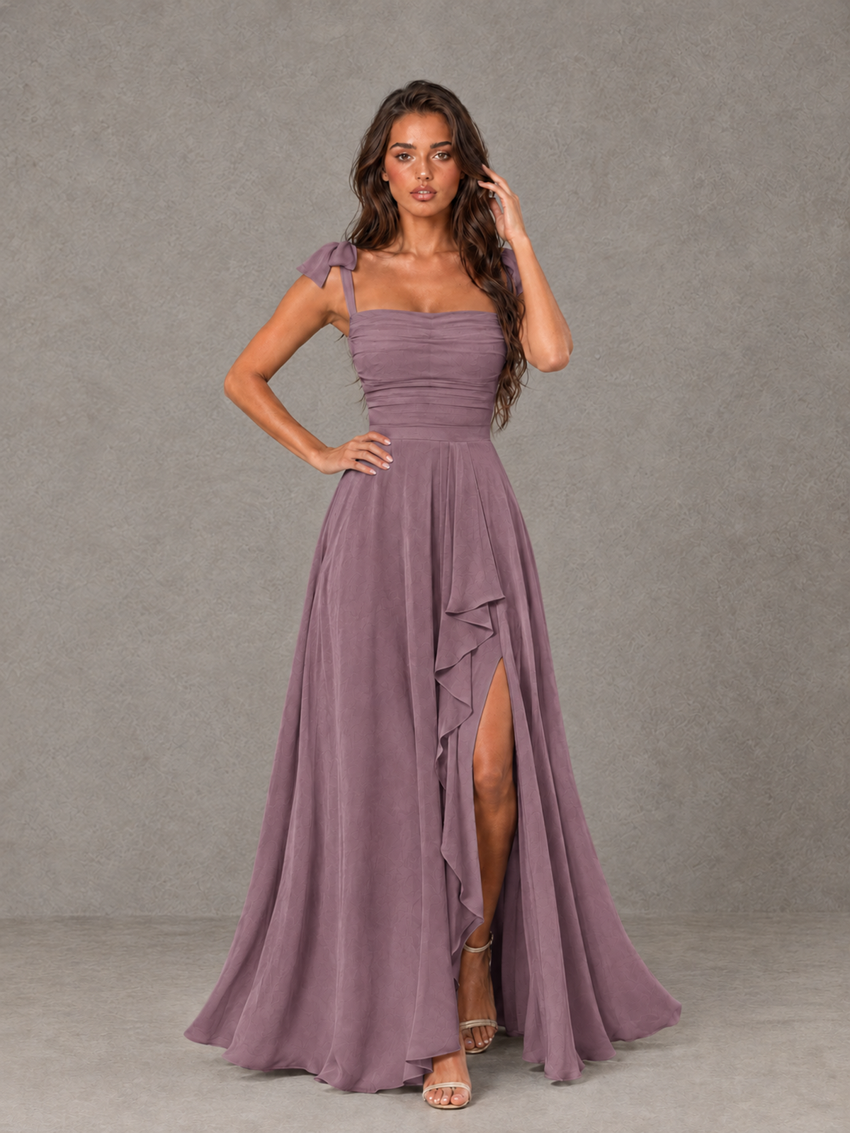 BOLODOO Wisteria Bow-Strap Bridesmaid Dress with Ruffle Slit - Wisteria - Wisteria (4)