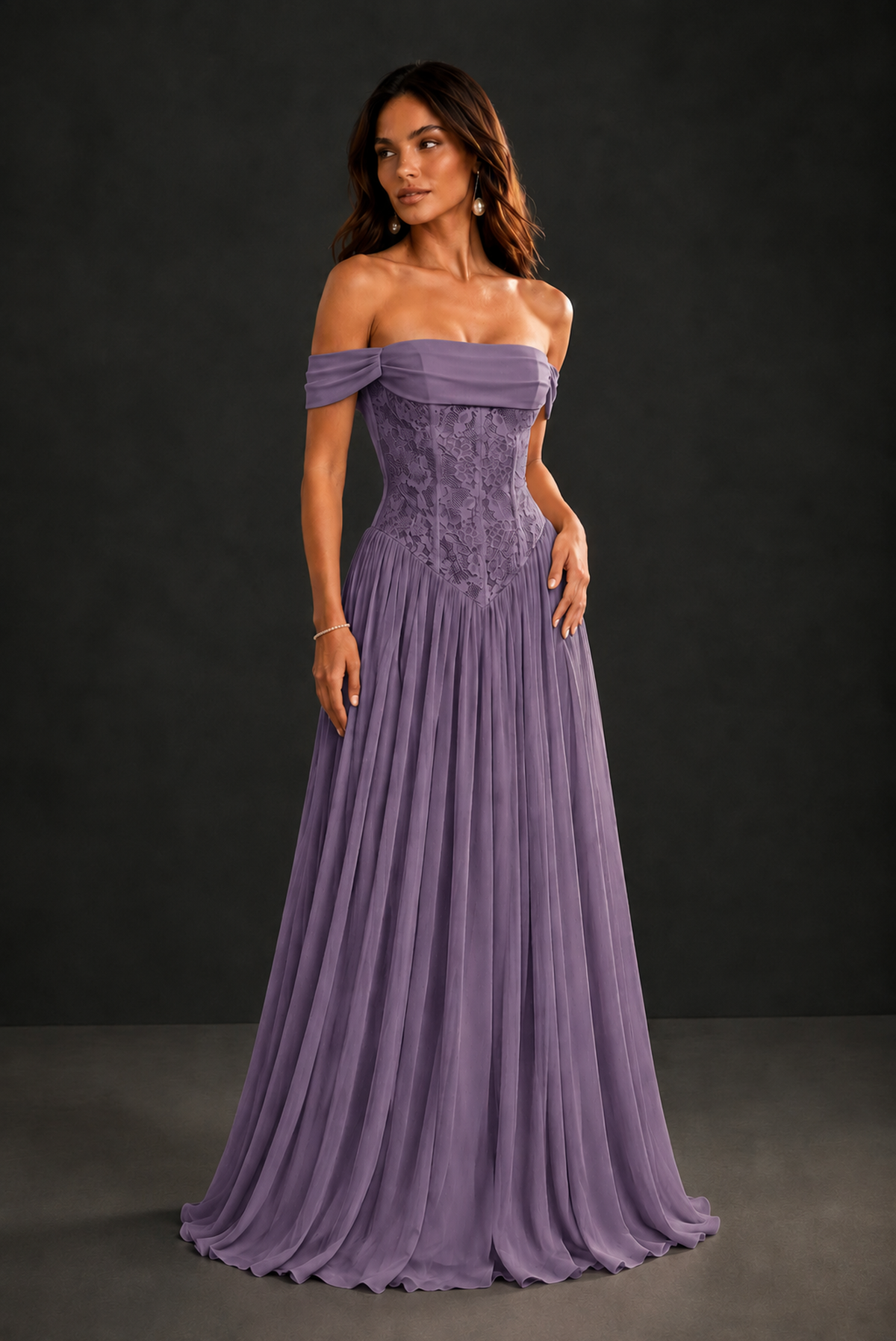 BOLODOO Wisteria Off-Shoulder Lace Corset Tulle Maxi Dress - Wisteria