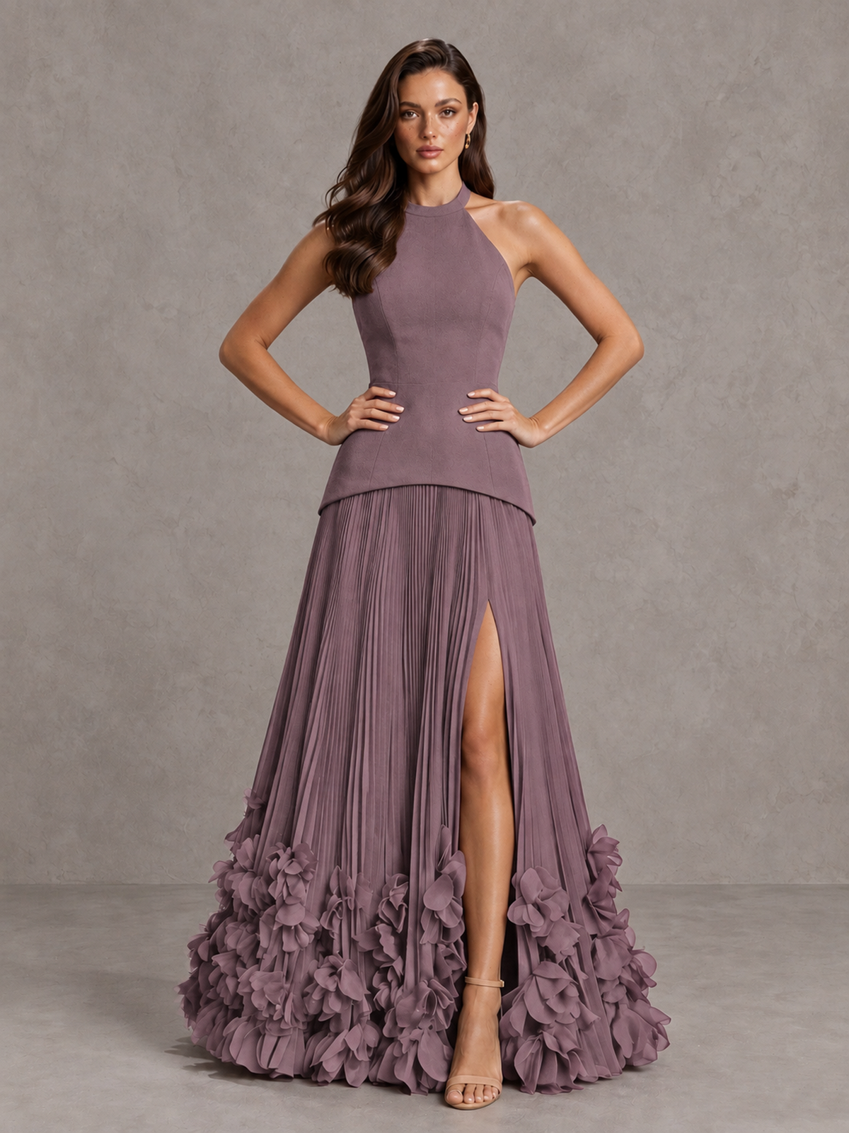 BOLODOO Wisteria Halter Neck Floor-Length Evening Gown with High Slit & 3D Floral Hem - Wisteria - Wisteria (4)