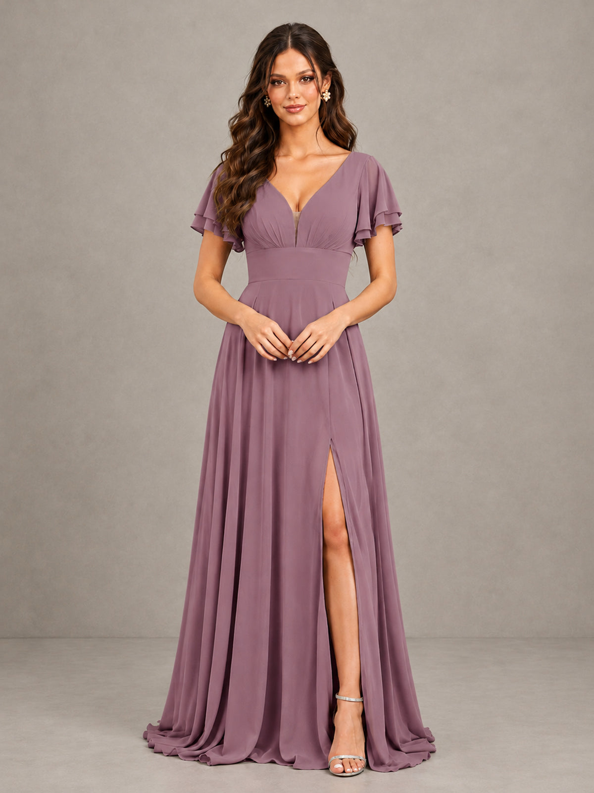 BOLODOO Wisteria Flutter Sleeve Chiffon A-Line Maxi Bridesmaid Dress with Open Back & Slit - Wisteria - Wisteria (4)