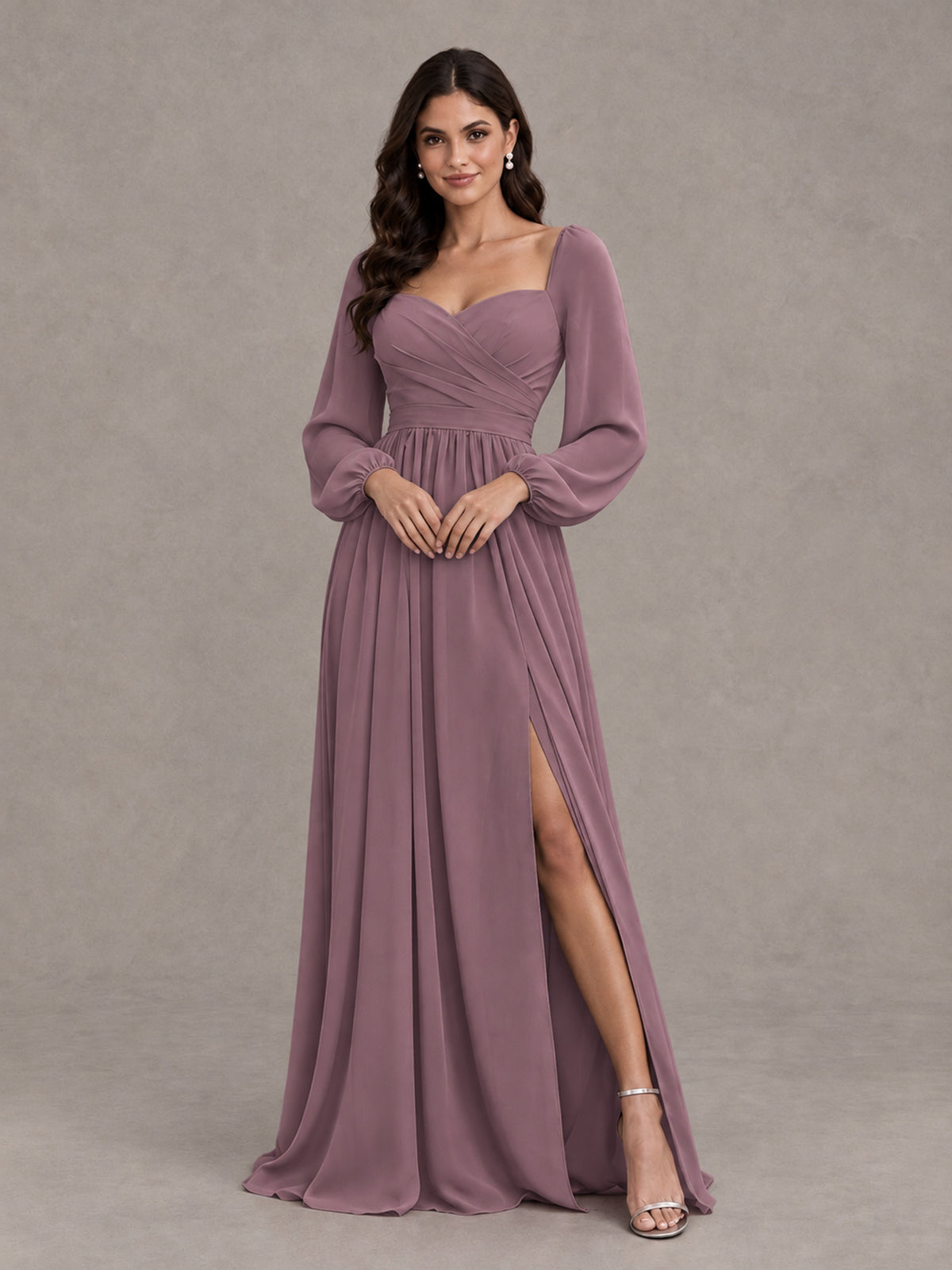 BOLODOO Wisteria Long Sleeve Chiffon Bridesmaid Dress with Slit - Wisteria - Wisteria (4)