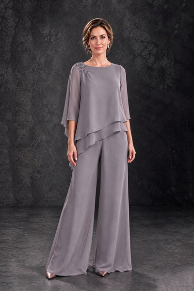 BOLODOO Wisteria mother of the bride pant suit front view with layered top and full-length wide-leg pants