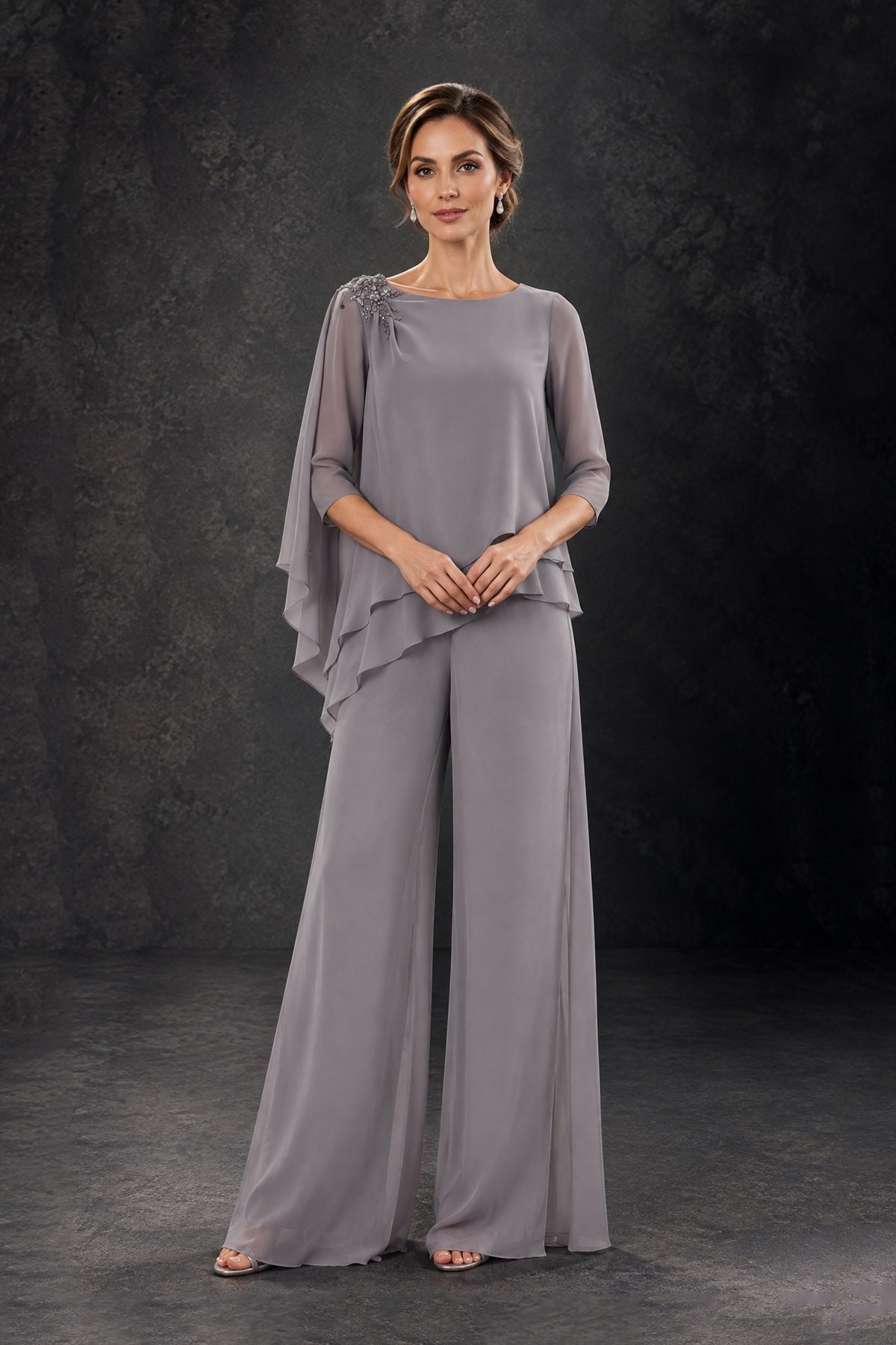 Wisteria two-piece formal pant suit showing cascading layers and palazzo trousers