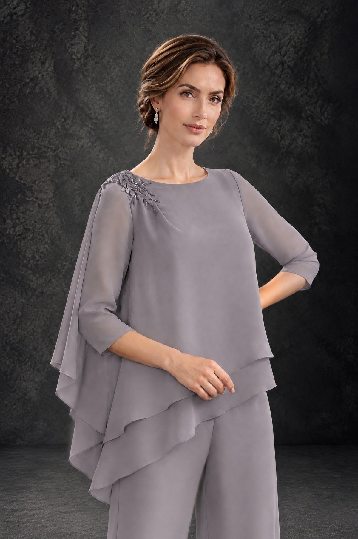 Wisteria pant suit back view with small keyhole and flowing asymmetrical overlay