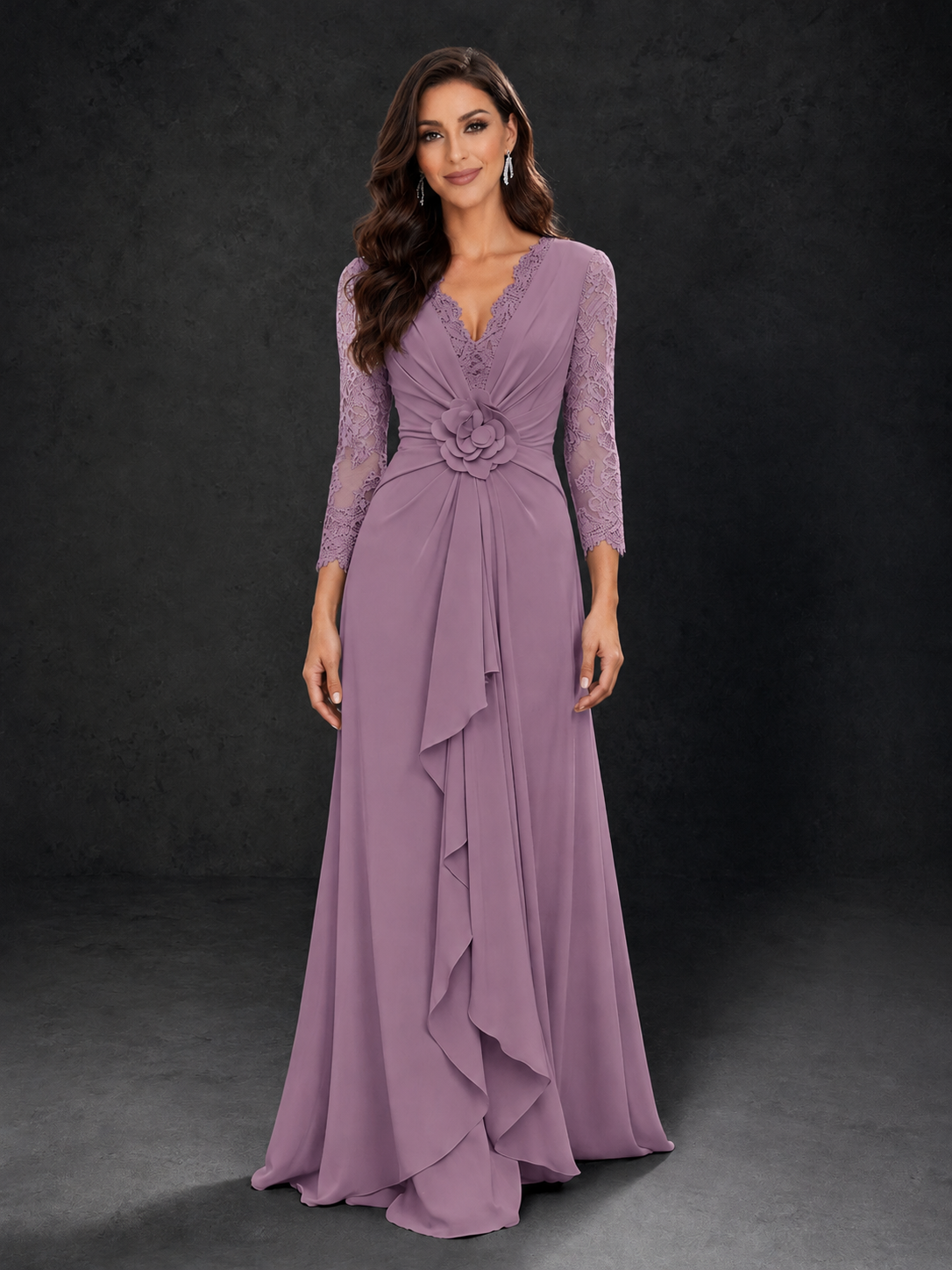 BOLODOO Wisteria Lace Sleeve V-Neck Floral Waist Chiffon A-Line Maxi Dress 