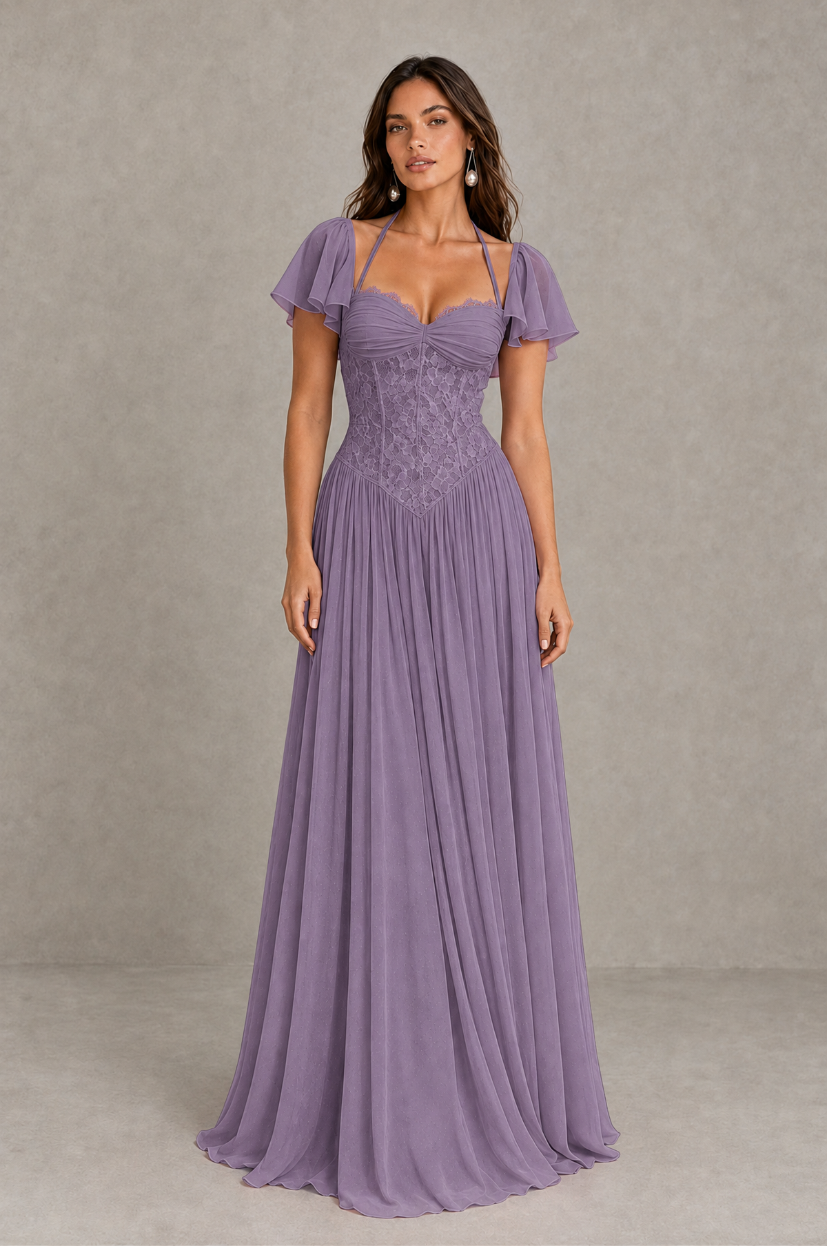 BOLODOO Wisteria Flutter Sleeve Lace Corset A-Line Maxi Dress 
