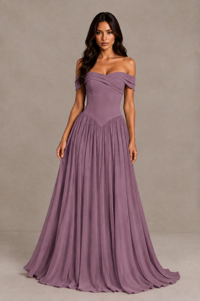 BOLODOO Wisteria Off-Shoulder Sweetheart Corset Pleated Chiffon Maxi Dress 