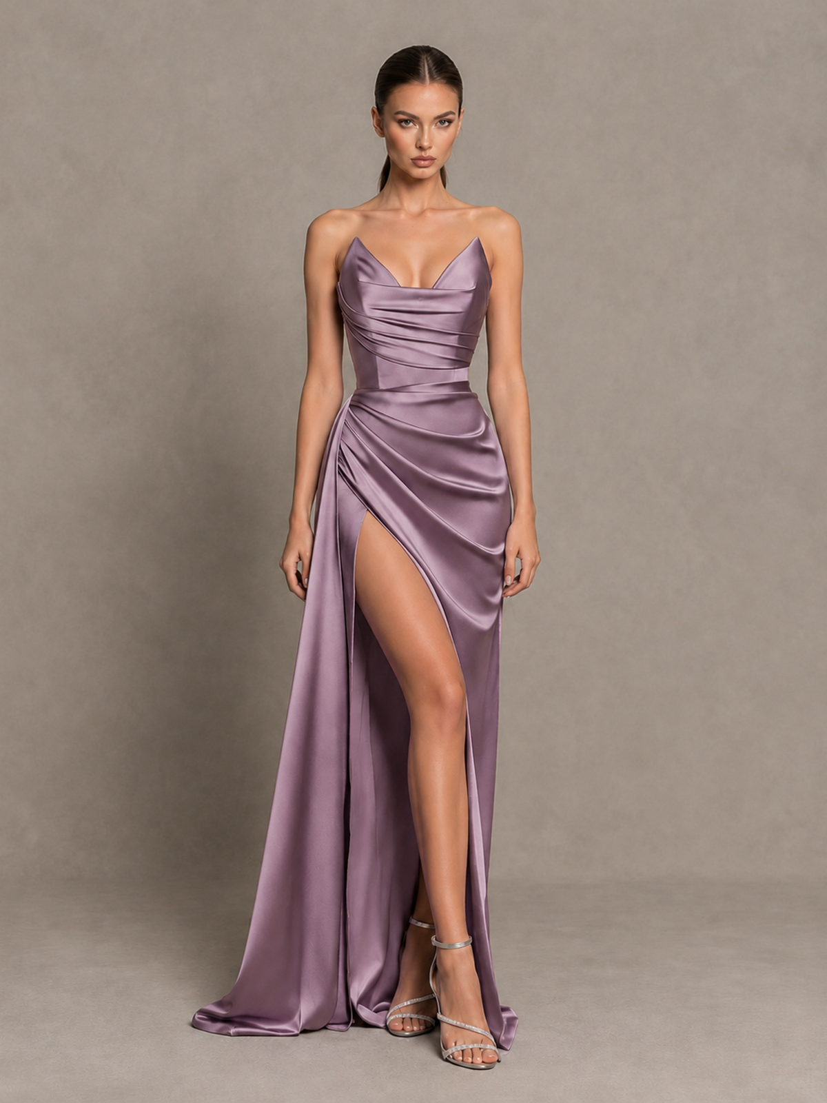 BOLODOO Wisteria Strapless Satin High-Slit Lace-Up Prom Dress 