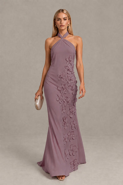 BOLODOO Wisteria Cross Halter Neck 3D Floral Appliqué Backless Mermaid Maxi Gown 