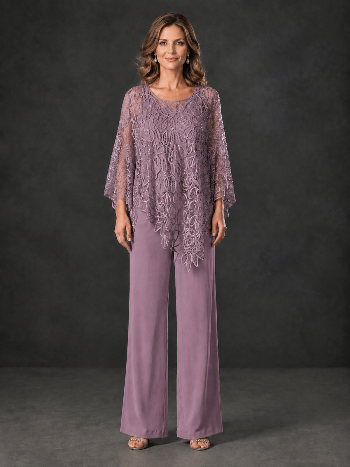 Back view of covered-back wisteria floral lace overlay and wide-leg trousers