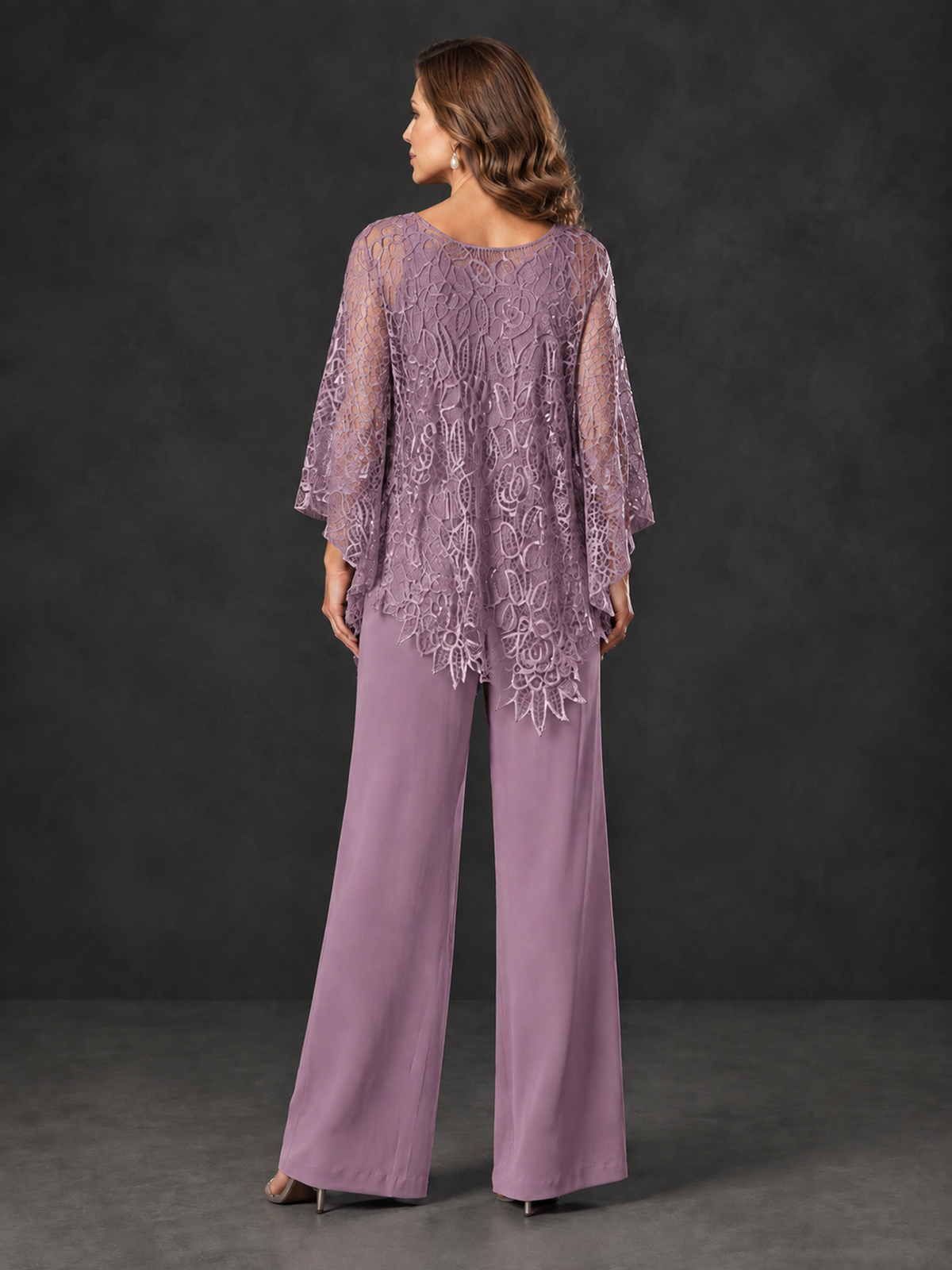 Front view of BOLODOO wisteria purple floral lace overlay pantsuit with wide-leg trousers