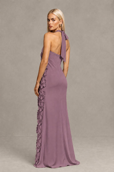 BOLODOO Wisteria Cross Halter Neck 3D Floral Appliqué Backless Mermaid Maxi Gown 