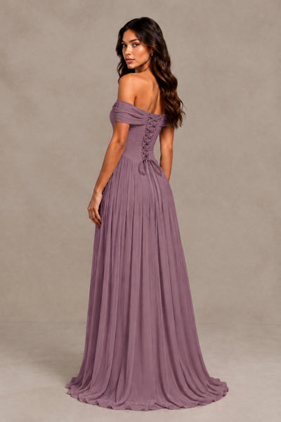 BOLODOO Wisteria Off-Shoulder Sweetheart Corset Pleated Chiffon Maxi Dress 