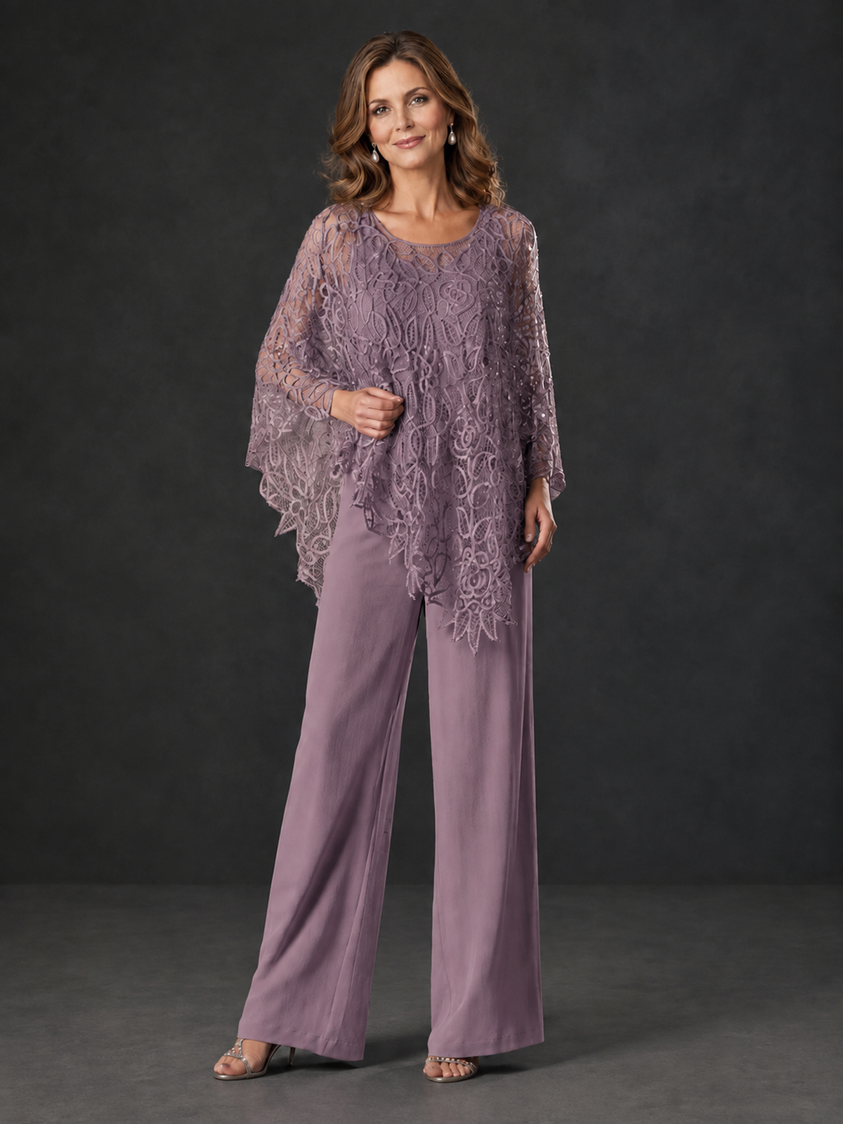 Three-quarter front view of wisteria lace overlay formal pantsuit with flowing sleeves