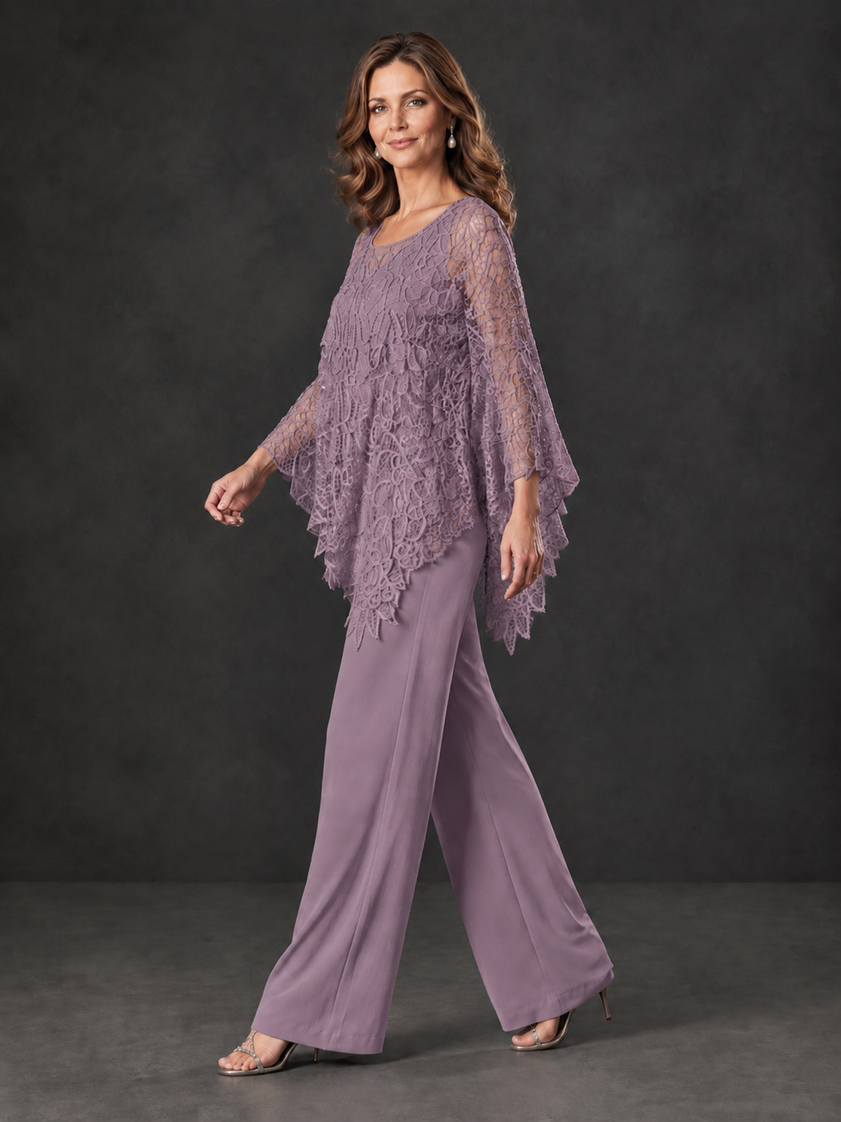 Side view of BOLODOO wisteria lace top and full-length wide-leg pants