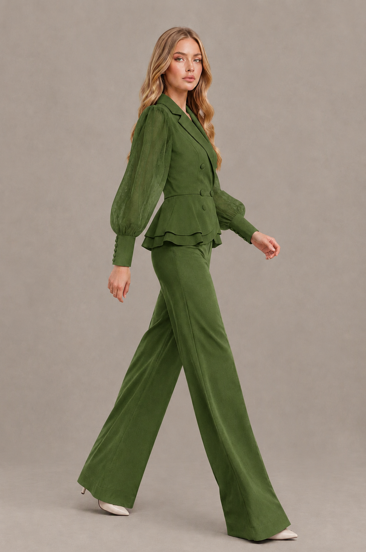 BOLODOO Mint XX038 Peplum Blazer Wide-Leg Pantsuit with Sheer Puff Sleeves - XX038加色