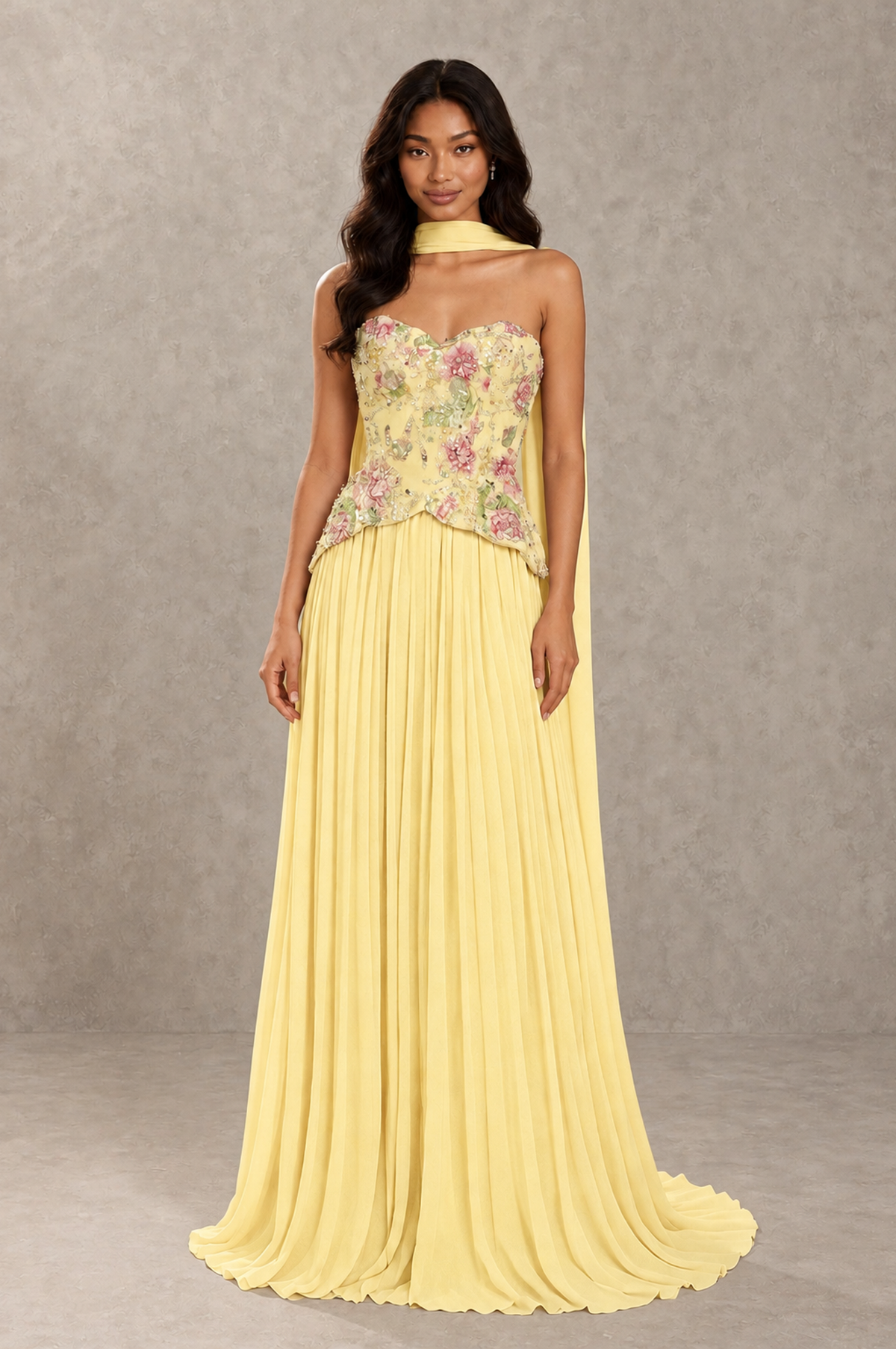 BOLODOO Yellow Strapless Beaded Floral Corset Chiffon Maxi Gown – Open Back Prom & Formal Evening Dress - Yellow - Yellow_01