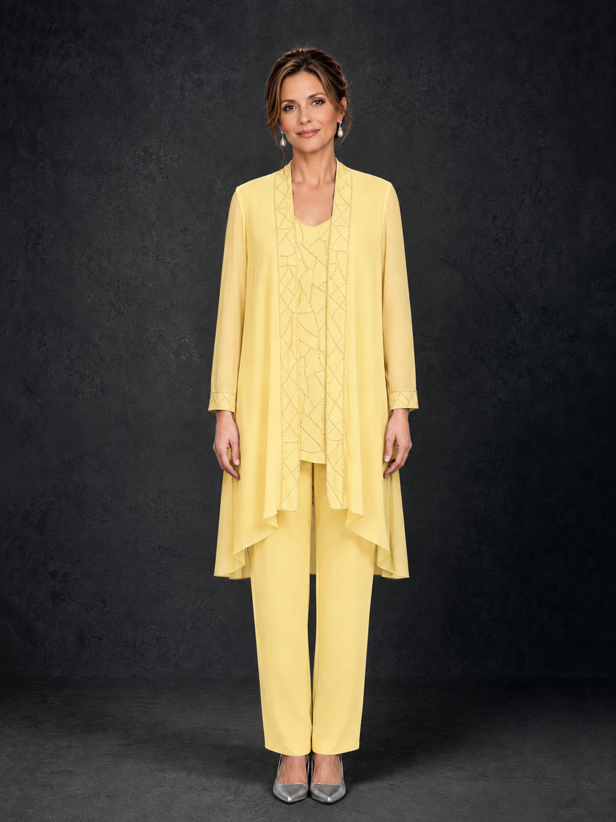 BOLODOO Yellow 3-Piece Beaded Chiffon Duster Jacket Pant Suit - Yellow - Yellow_01