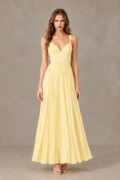 BOLODOO Yellow V-Neck Pleated Open-Back Maxi Dress - Yellow - Yellow_01