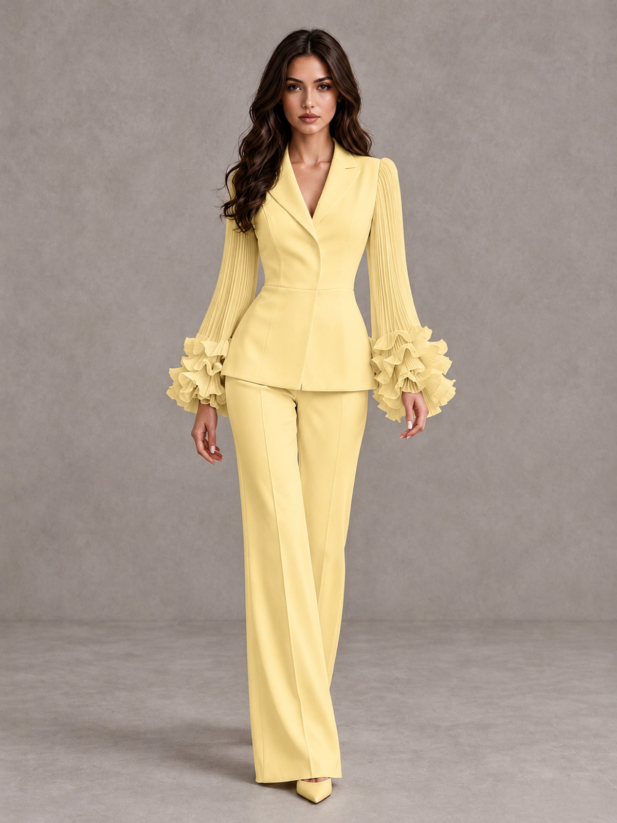 BOLODOO Yellow Mother of the Bride Pant Suit – Pleated Long Sleeve Ruffle Cuff Wide Leg Trouser Suit - Yellow - Yellow_01