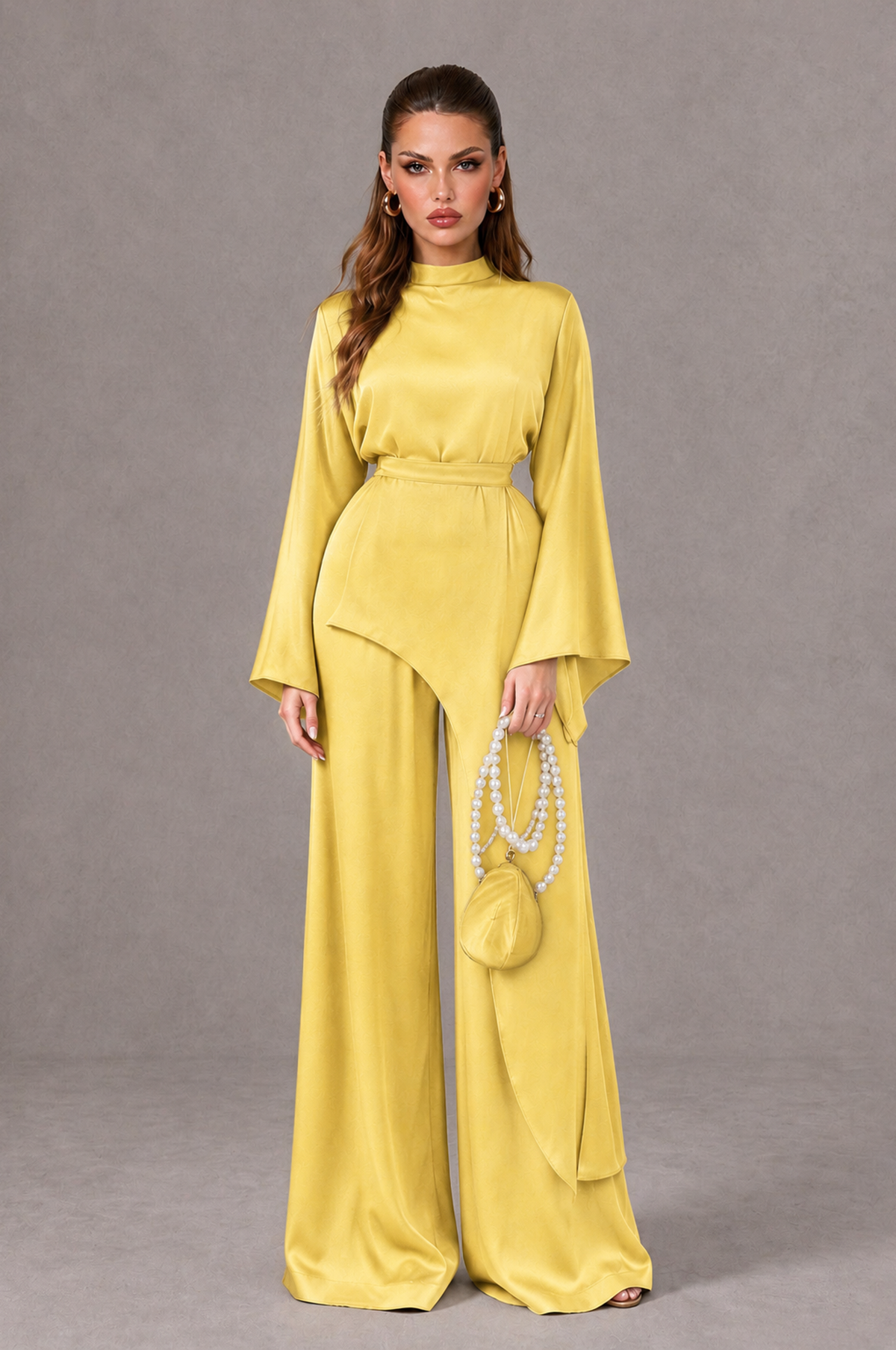 BOLODOO Yellow Satin-Look Long Sleeve Wide-Leg Jumpsuit - Yellow - Yellow_01