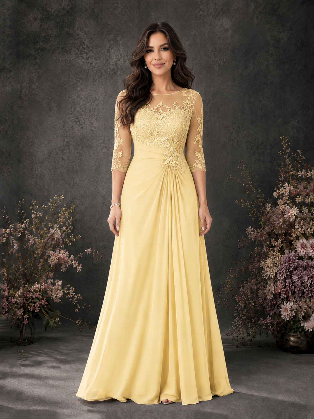 BOLODOO Yellow Chiffon Lace Illusion Neckline 3/4 Sleeve Floor Length Formal Gown - Yellow - Yellow_01