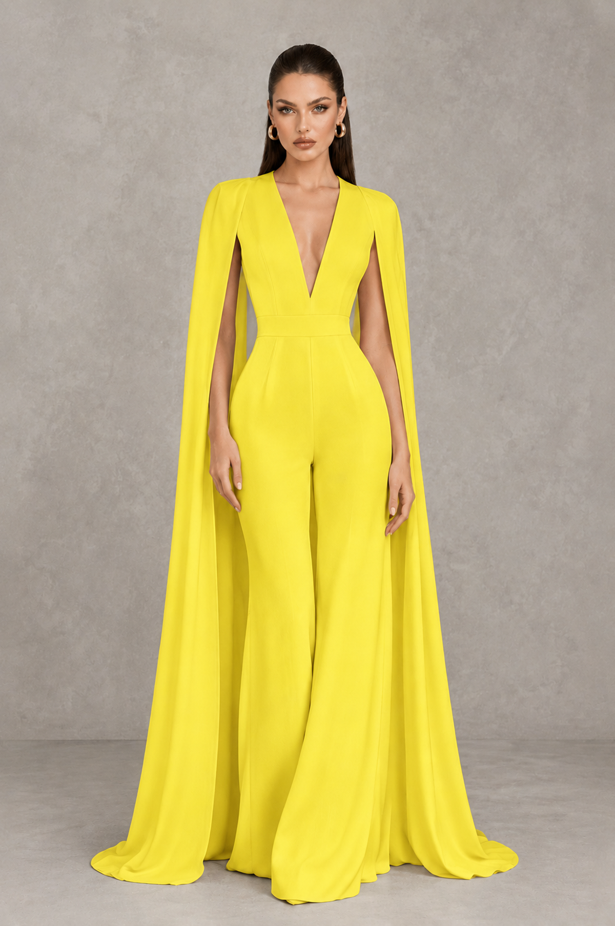 BOLODOO Yellow Deep V-Neck Cape Sleeve Bridal Jumpsuit - Yellow - Yellow_01