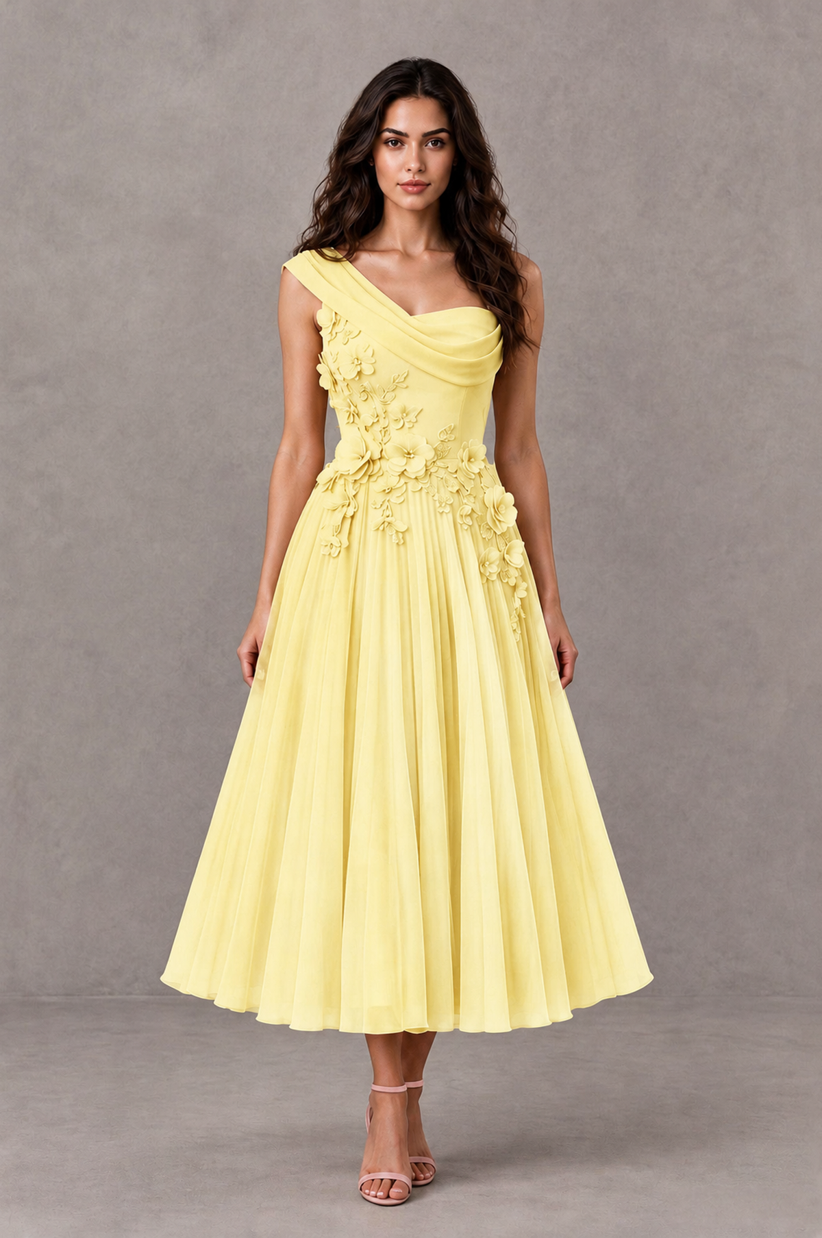 BOLODOO Yellow One-Shoulder Floral Tulle Tea-Length Dress - Yellow - Yellow_01