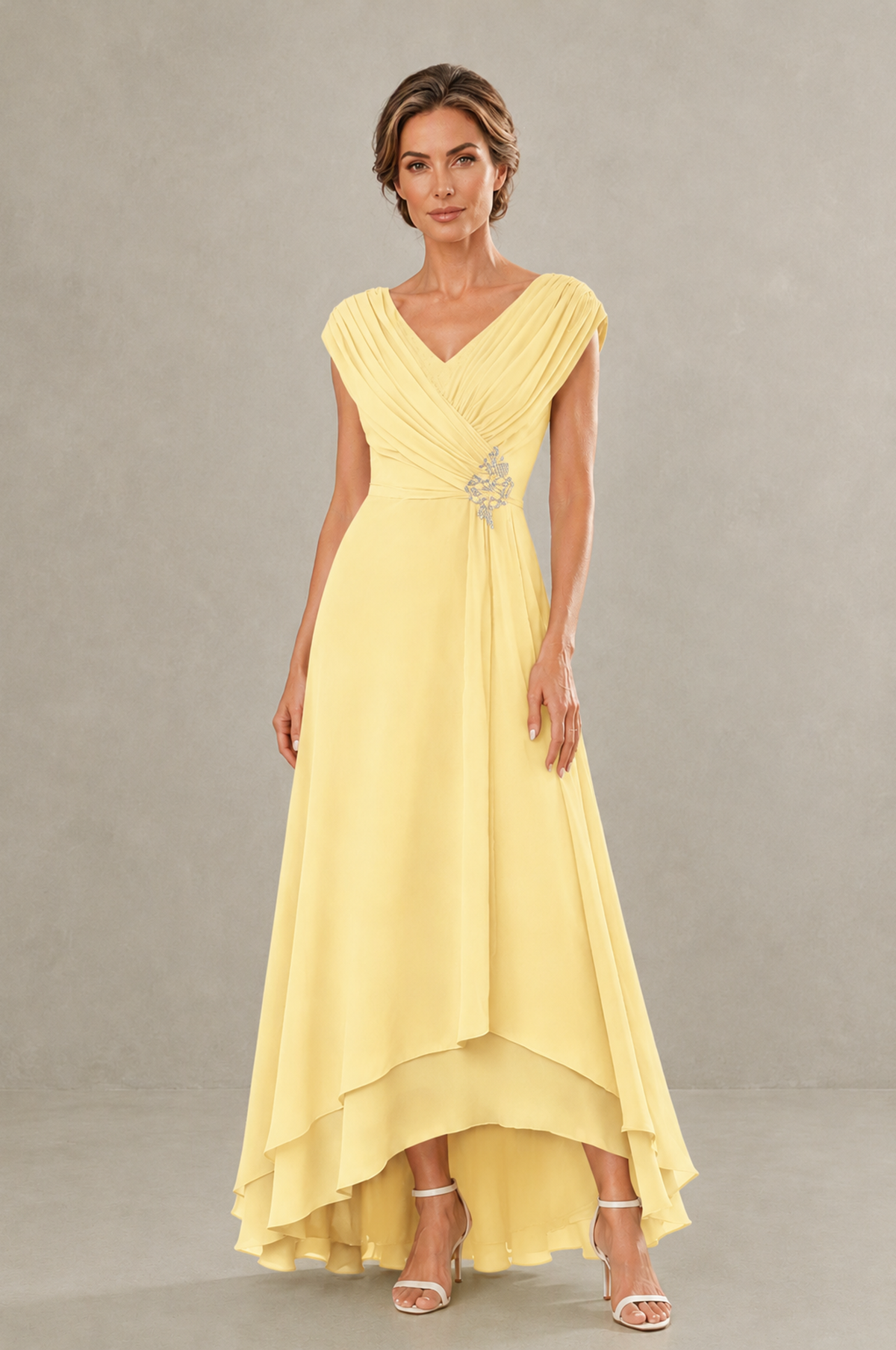BOLODOO Yellow V-Neck High-Low Mother of the Bride Dress - Yellow - Yellow_01