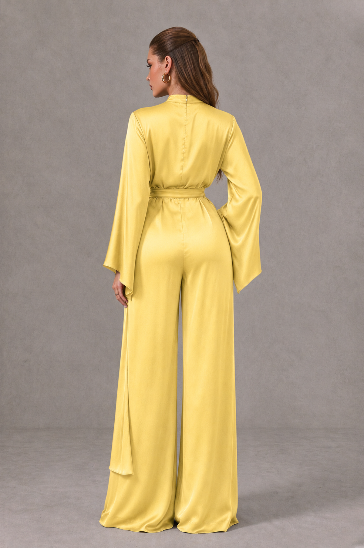 BOLODOO Yellow Satin-Look Long Sleeve Wide-Leg Jumpsuit - Yellow - Yellow_02