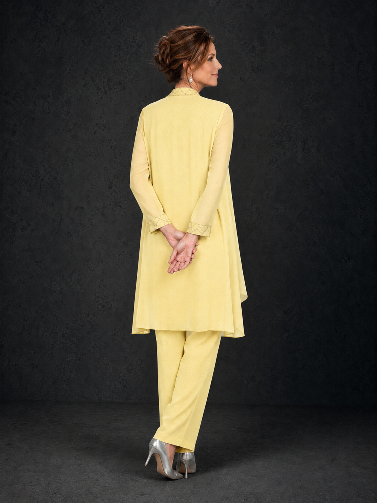 BOLODOO Yellow 3-Piece Beaded Chiffon Duster Jacket Pant Suit - Yellow - Yellow_02