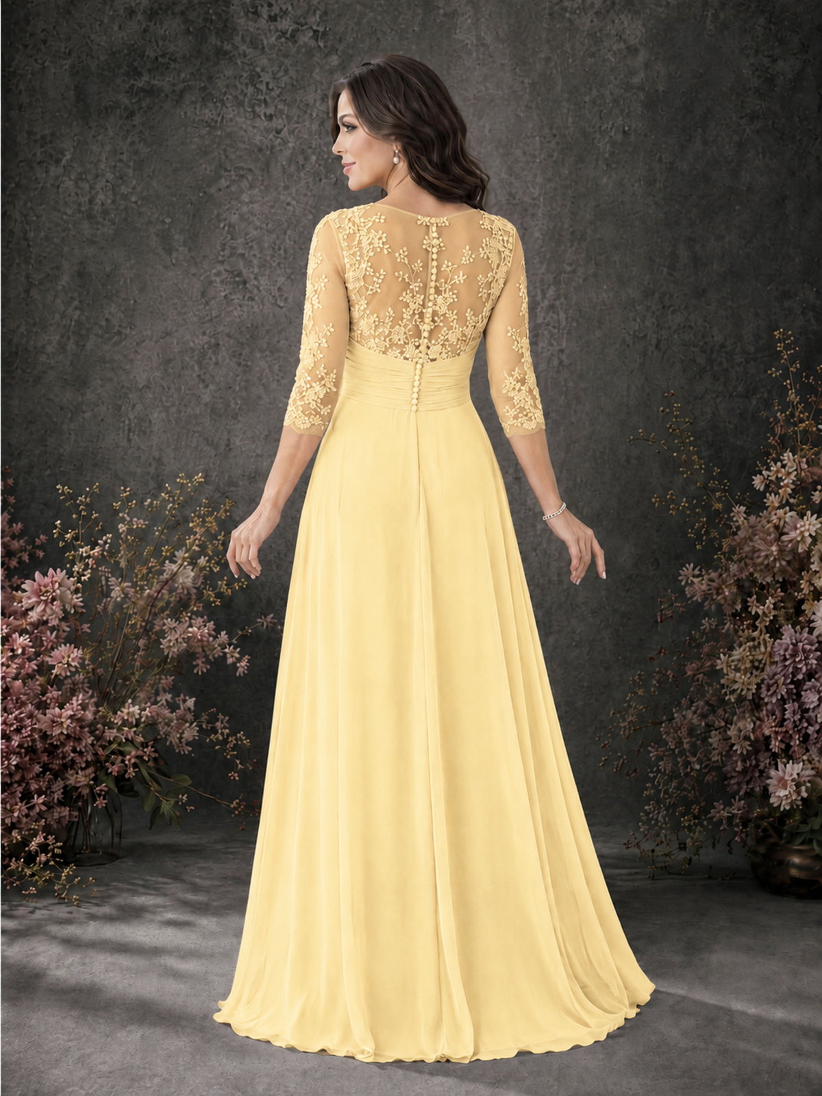 BOLODOO Yellow Chiffon Lace Illusion Neckline 3/4 Sleeve Floor Length Formal Gown - Yellow - Yellow_02