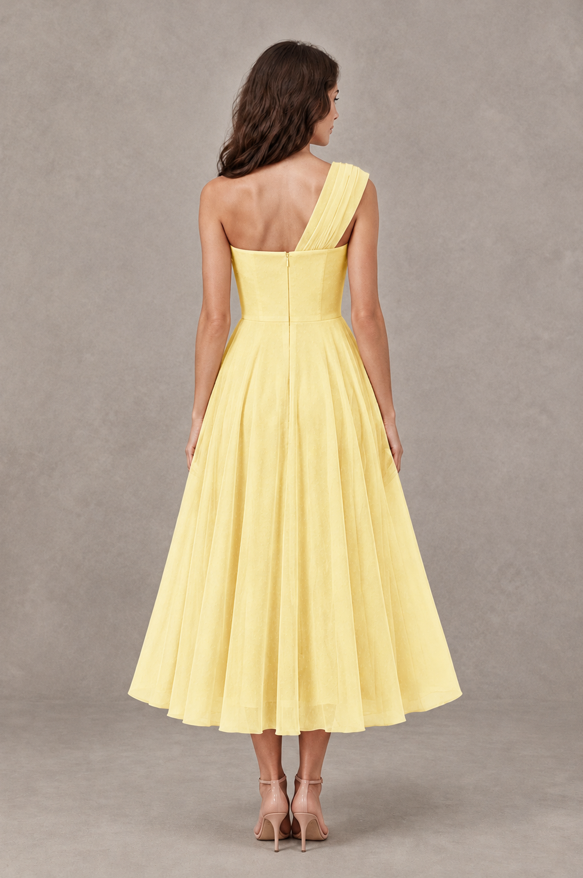 BOLODOO Yellow One-Shoulder Floral Tulle Tea-Length Dress - Yellow - Yellow_02