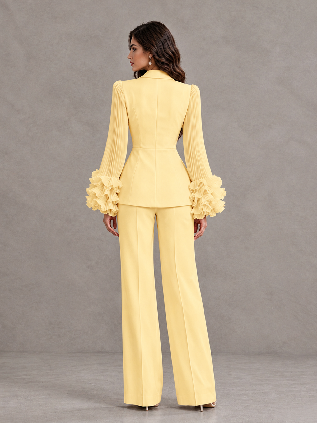 BOLODOO Yellow Mother of the Bride Pant Suit – Pleated Long Sleeve Ruffle Cuff Wide Leg Trouser Suit - Yellow - Yellow_02