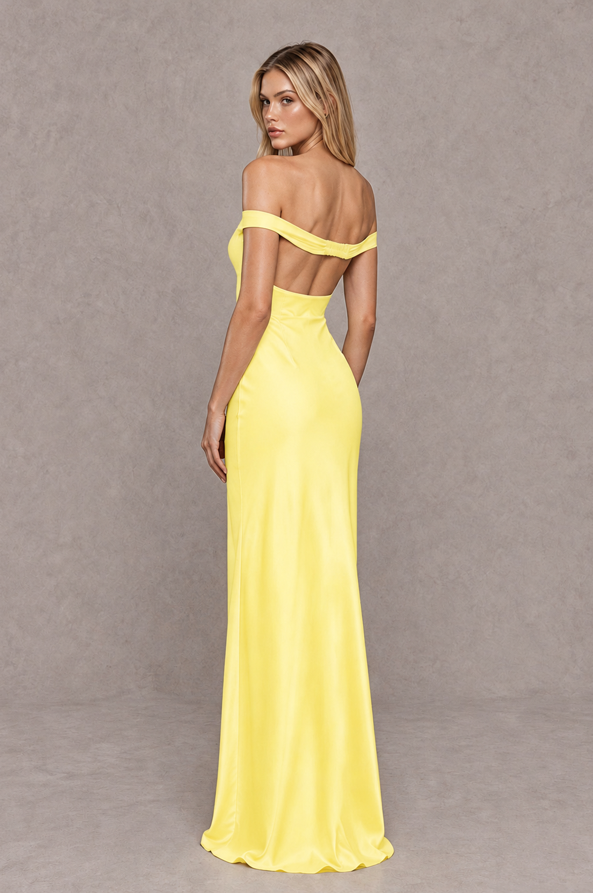 BOLODOO Yellow Off-Shoulder Open-Back Satin Evening Gown - Yellow - Yellow_02