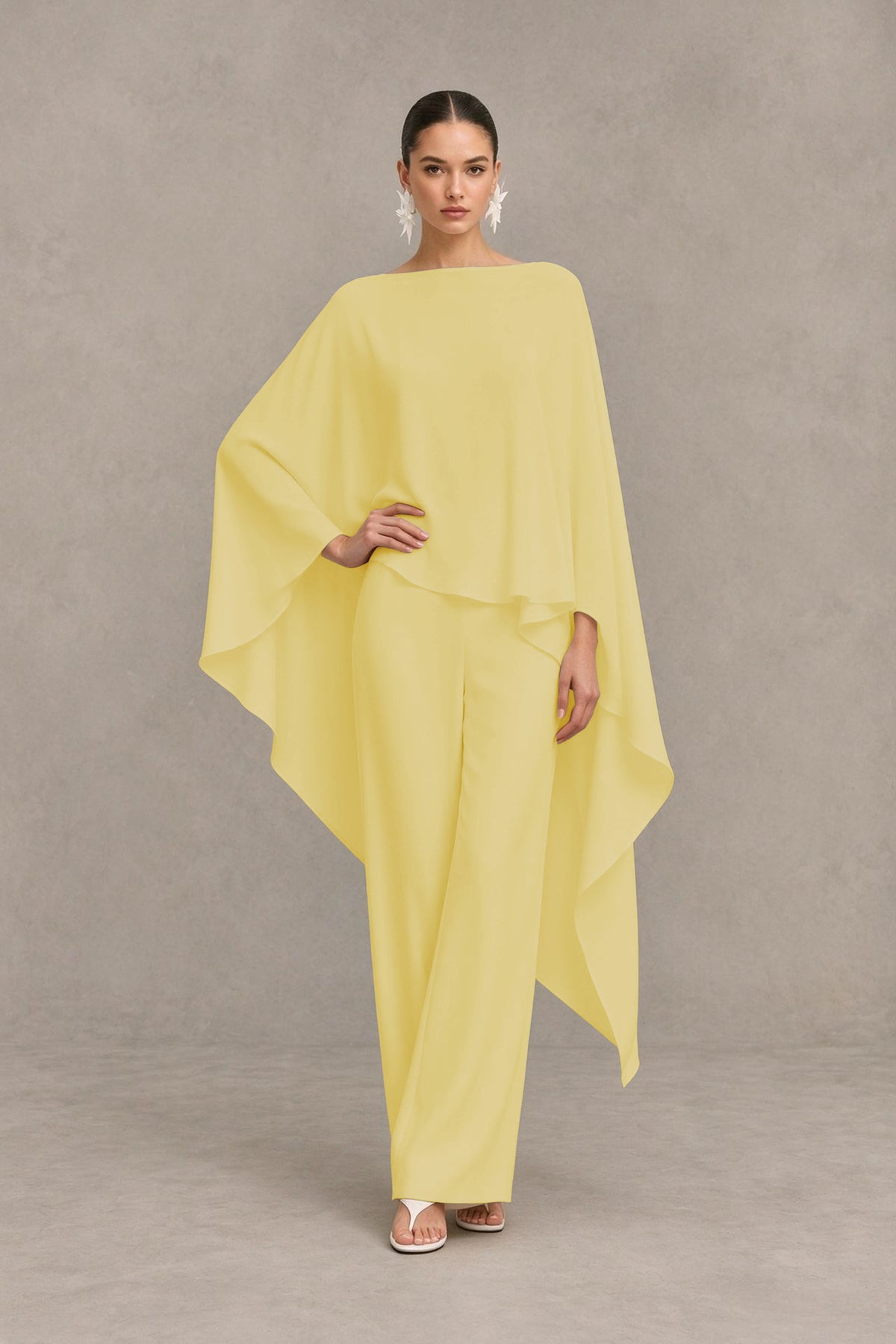 BOLODOO Yellow Cape Sleeve Wide-Leg Formal Pantsuit - Yellow - Yellow_03