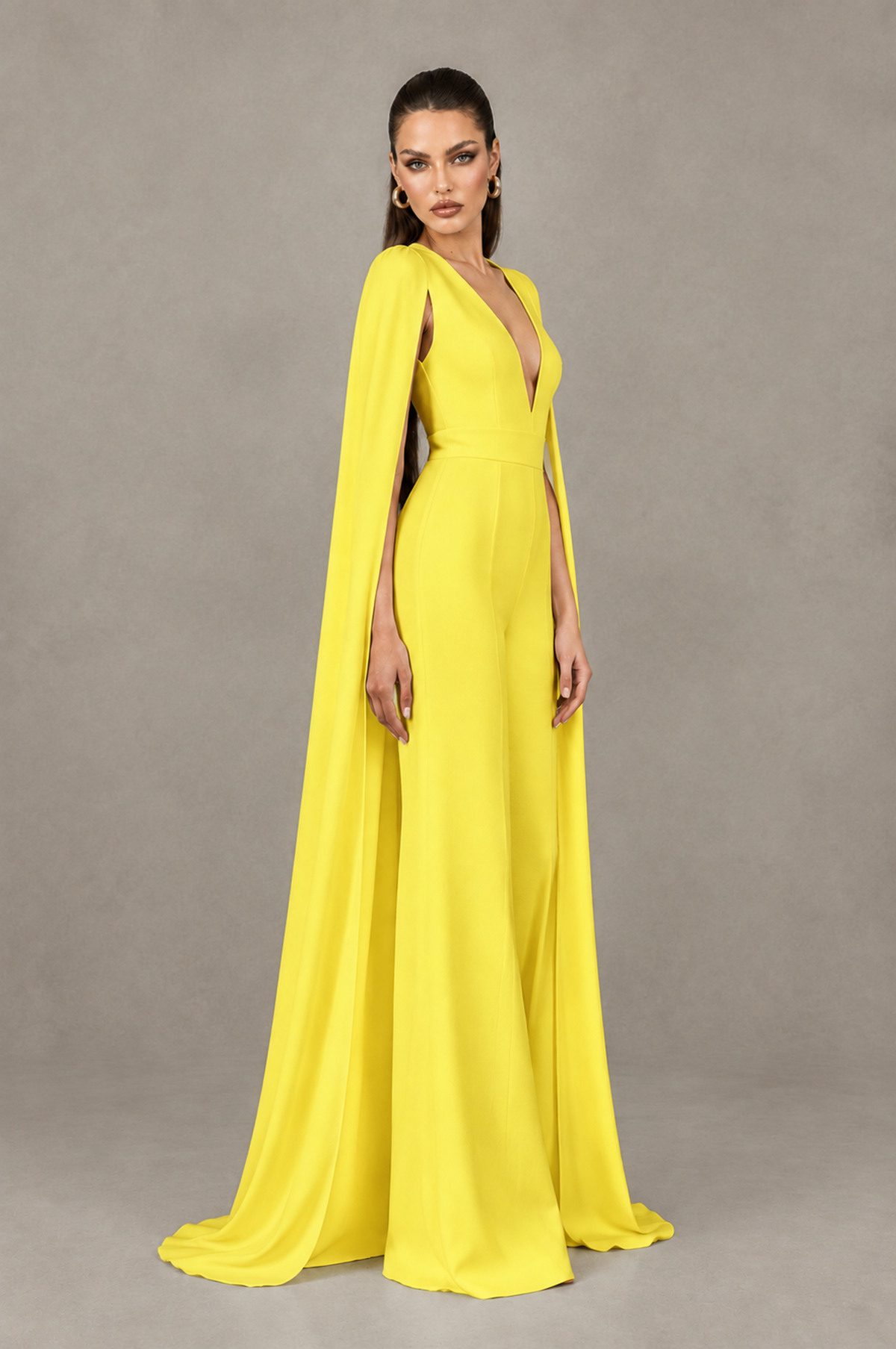 BOLODOO Yellow Deep V-Neck Cape Sleeve Bridal Jumpsuit - Yellow - Yellow_03
