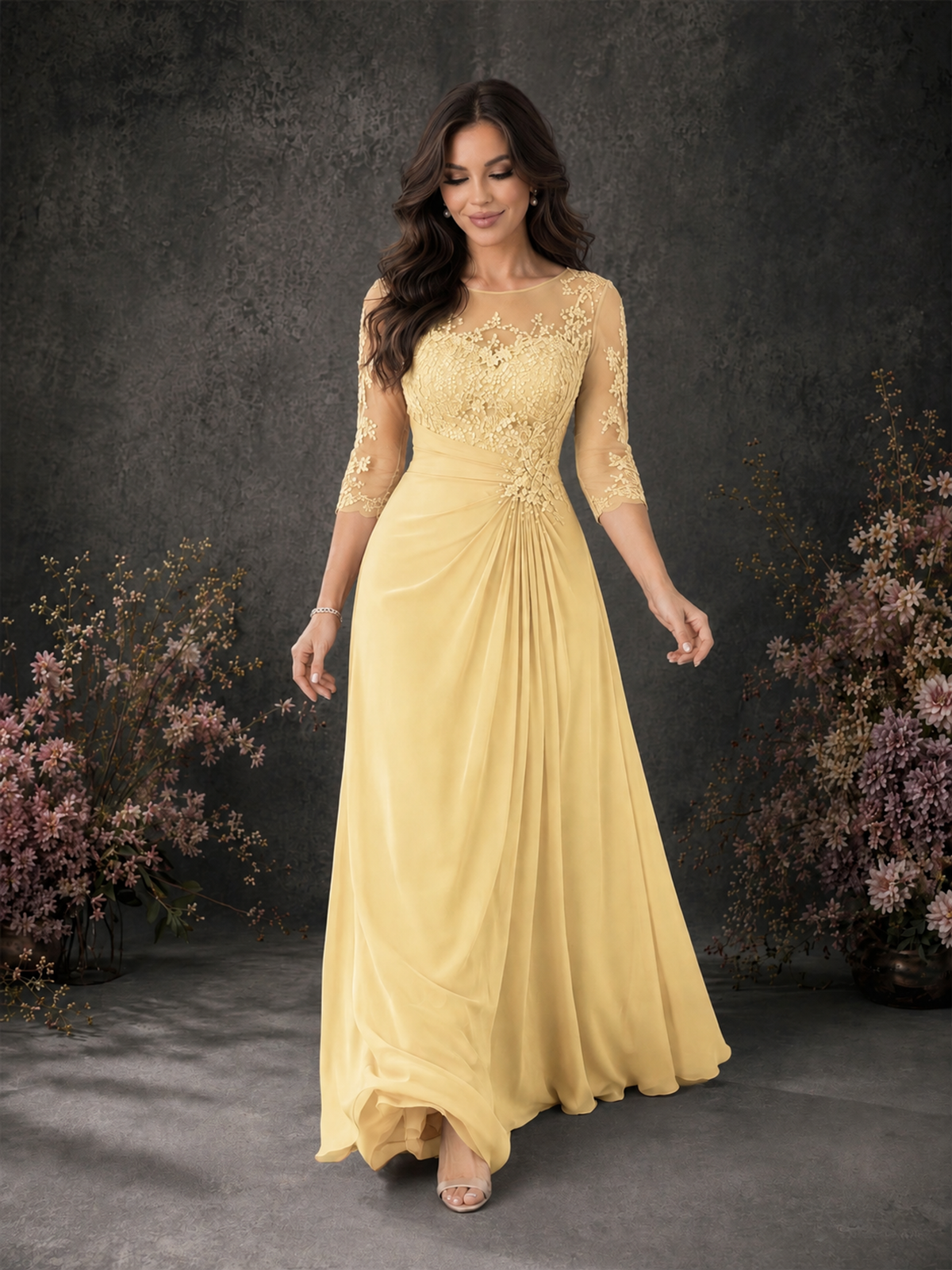 BOLODOO Yellow Chiffon Lace Illusion Neckline 3/4 Sleeve Floor Length Formal Gown - Yellow - Yellow_03